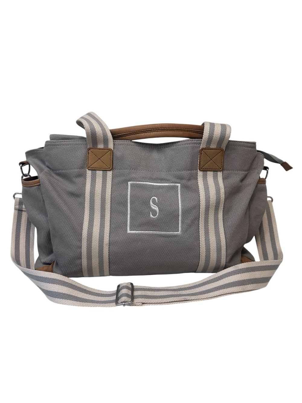 Pottery Barn Kids Classic Diaper Bag S Monogram Gray Stripe Leather 16”x9.5”x6.5